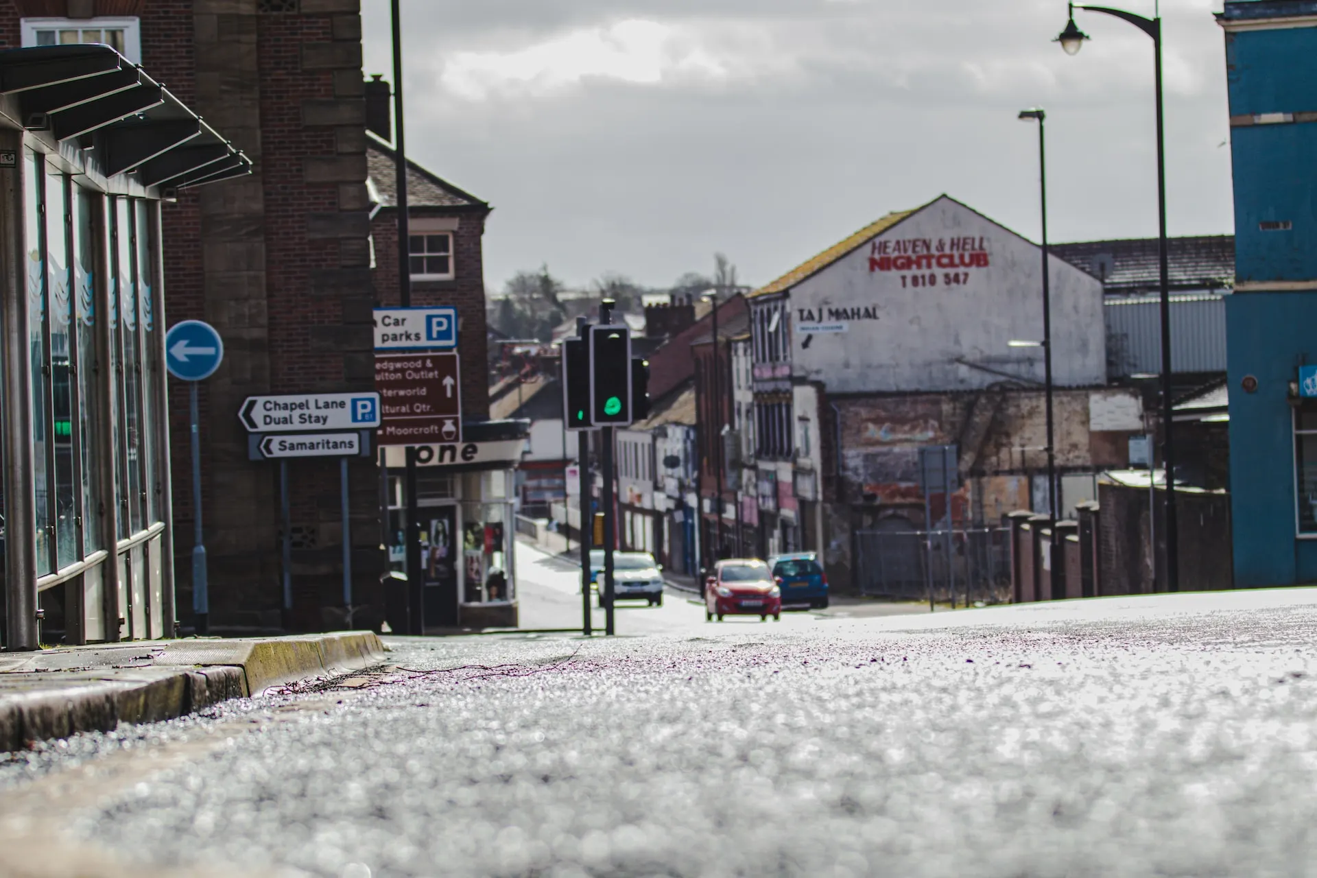 Street in Stoke UK traffic lights and signs
