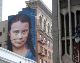 Mural of Greta Thunburg on side of building