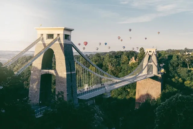 Clifton Suspension Bridge with hot air balloons behind